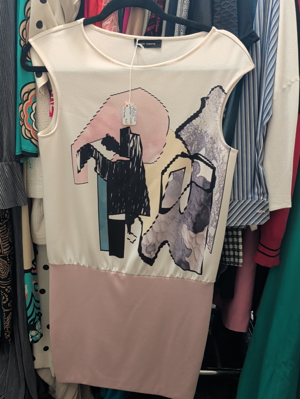 Cop.Copine Cream and Pink Abstract Graphic Sheath Dress